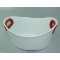 11.5’’ OVAL PORCELAIN CASSEROLE RED SILICONE HANDLES ON WHITE
