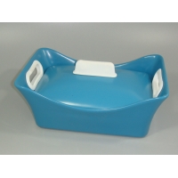 12’’ RECTANGULAR PORCELAIN CASSEROLE WITH LID WHITE SILICONE HANDLES ON BLUE